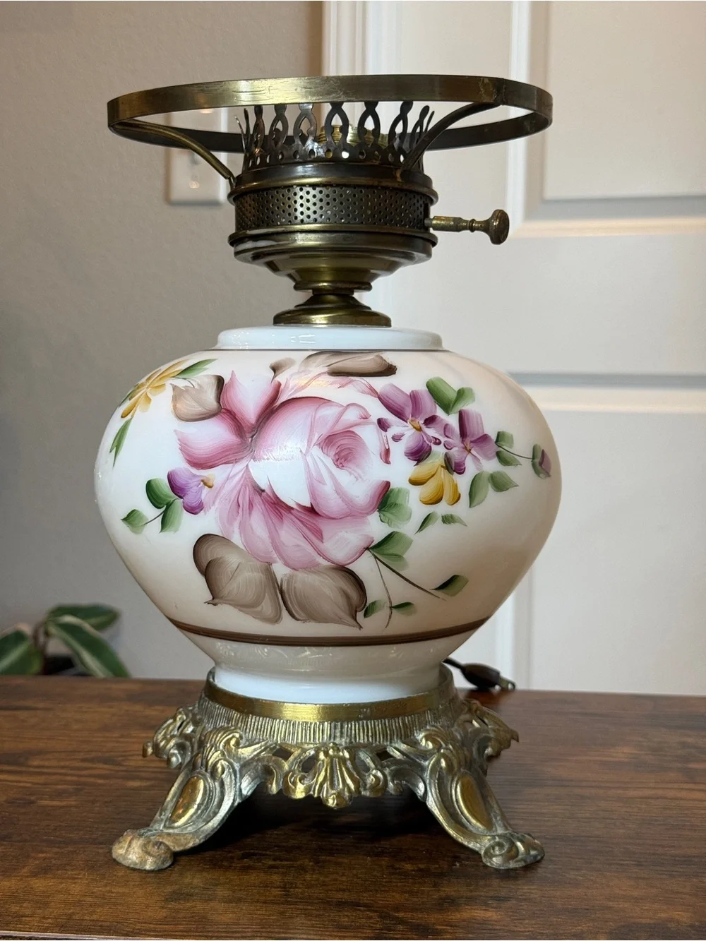Vintage GWTW Hurricane Parlor Lamp Base Hand Painted Pink Roses Milk Glass
